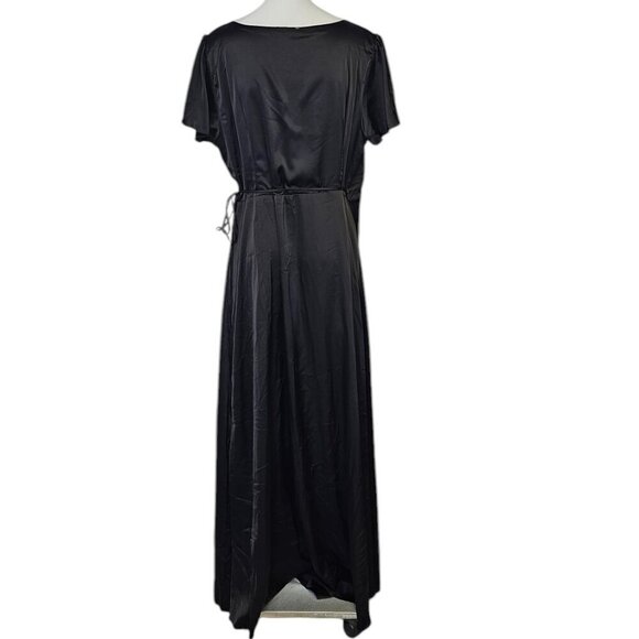 Baltic Born Silky V-Neck High Low Wrap Dress Size XXL Black Satin Short Sleeve - Picture 3 of 10